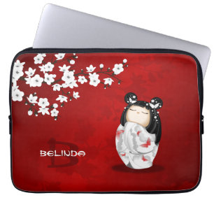 Kokeshi Doll Red Schwarz-weiß Cherry Blossom Laptopschutzhülle