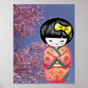 Kokeshi Doll Sakura Kirschblüten Print Poster