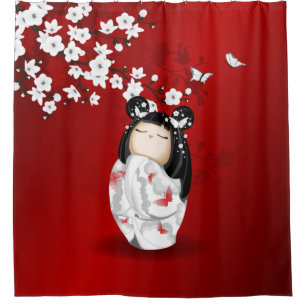 Kokeshi Doll Schwarz-weiße Kirschblüten Duschvorhang