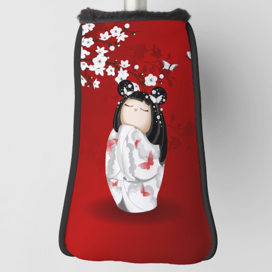 Kokeshi Doll Schwarz-weiße Kirschblüten Golf Headcover (Rotieren 90)