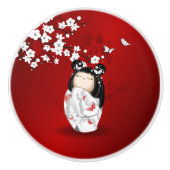 Kokeshi Doll Schwarz-weiße Kirschblüten Keramikknauf (Vorderseite)