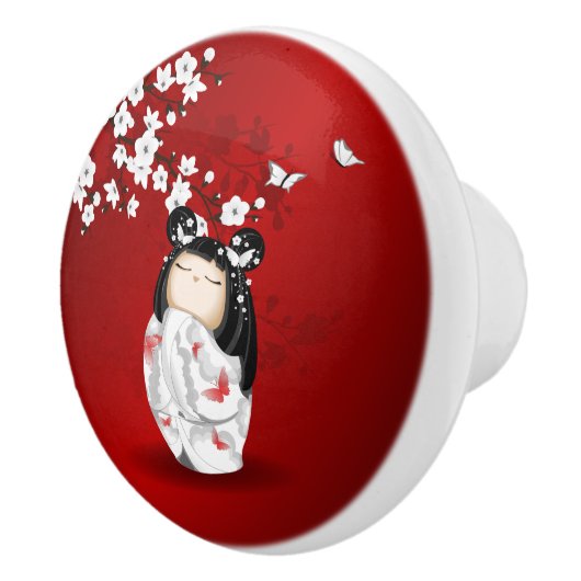Kokeshi Doll Schwarz-weiße Kirschblüten Keramikknauf (Rechts)