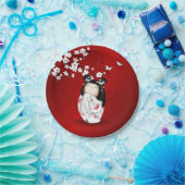 Kokeshi Doll Schwarz-weiße Kirschblüten Pappteller (Party)