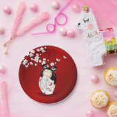 Kokeshi Doll Schwarz-weiße Kirschblüten Pappteller (Party)