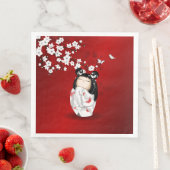 Kokeshi Doll Schwarz-weiße Kirschblüten Serviette (Beispiel)