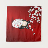 Kokeshi Doll Schwarz-weiße Kirschblüten Wandteppich (Vorderseite (Horizontal))