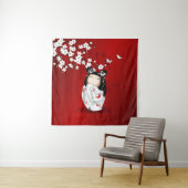 Kokeshi Doll Schwarz-weiße Kirschblüten Wandteppich (Beispiel)