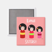 Kokeshi Doll Sisters Cartoon Magnet (Vorderseite/Rückseite)