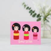 Kokeshi Doll Sisters Cartoon Postkarte (Stehend Vorderseite)