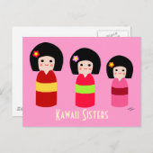 Kokeshi Doll Sisters Cartoon Postkarte (Vorne/Hinten)