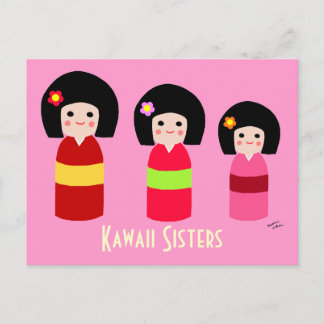 Kokeshi Doll Sisters Cartoon Postkarte