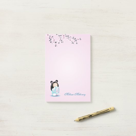Kokeshi Doll Turquoise Pink Monogram Post-it Notes Klebezettel (Auf Schreibtisch)