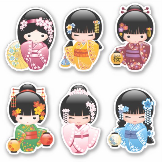 Kokeshi Dolls Set 1 - Japanische Kimono Geisha Gir Aufkleber (Vorderseite)