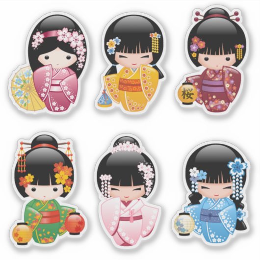 Kokeshi Dolls Set 1 - Japanische Kimono Geisha Gir Aufkleber (Vorderseite)