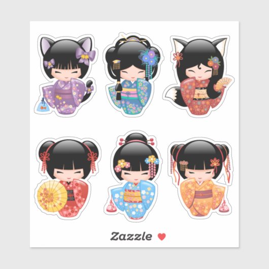 Kokeshi Dolls Set 2 - Japanische Kimono Geisha Gir Aufkleber (Blatt)