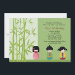 Kokeshi Friends Einladung<br><div class="desc">Adorable japanische Kokeshi Puppen laden zum Tee ein, um einen kleinen Mädchen zum Geburtstag zu feiern. Der grüne Hintergrund ist mit Bambusblättern versehen. Die Karte lässt sich leicht mit Ihren Formulierungen, Schriftart, Schriftart und der Auswahl von sechs Papiersorten anpassen. Nicht genau das, was Sie suchen? Alle unsere Produkte können auf...</div>