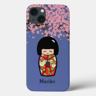 Kokeshi Japanische Puppe in Rot Kimono mit Sakura iPhone 13 Hülle