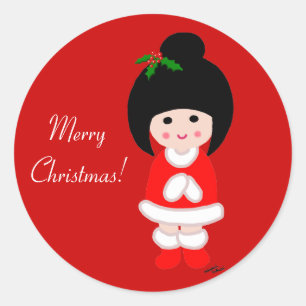 Kokeshi Mädchen-Weihnachten im Rot Runder Aufkleber