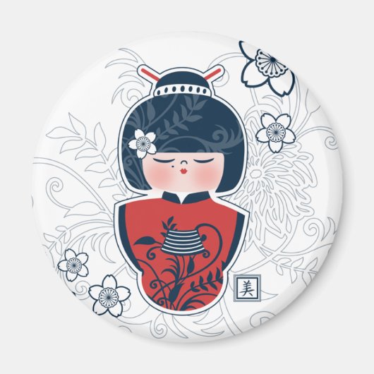 Kokeshi-Marine weiß rot Magnet (Vorne)