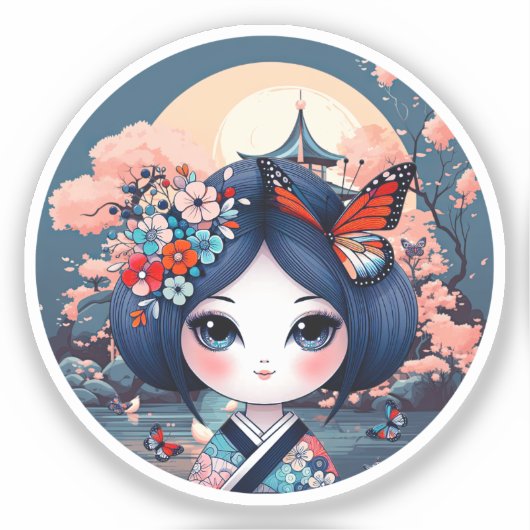 Kokeshi mit blauer Landschaft, Kokeshi-Aufkleber Aufkleber (Vorderseite)