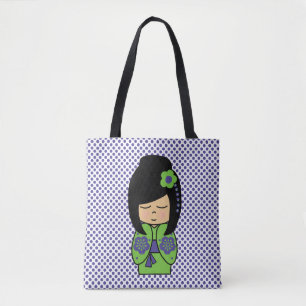 Kokeshi-Puppe Grün Lila All-Over-Print-Tasche Tasche