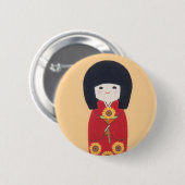 Kokeshi Puppe mit Sonnenblume Button (Vorne & Hinten)