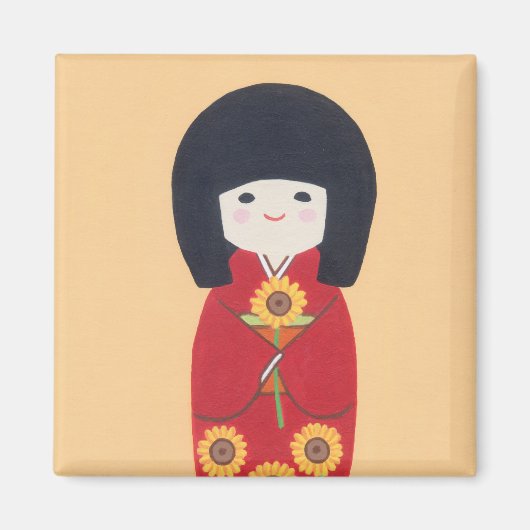 Kokeshi-Puppe mit Sonnenblume Magnet (Vorne)