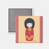 Kokeshi-Puppe mit Sonnenblume Magnet (Vorderseite/Rückseite)