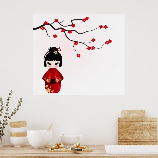 Kokeshi-Puppe unter einem Sakura-Zweigposter Poster (Küche)