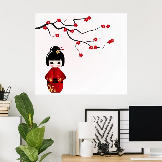 Kokeshi-Puppe unter einem Sakura-Zweigposter Poster (Heimbüro)