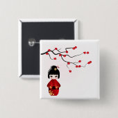 Kokeshi Puppe unter Kirschblüte-Niederlassung Button (Vorne & Hinten)
