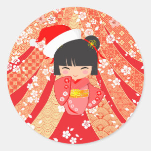 Kokeshi-Puppe Weihnachtskarte Runder Aufkleber