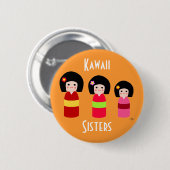 Kokeshi Puppen-Schwester-Cartoon Button (Vorne & Hinten)