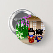 Kokeshi Puppen und Teehaus Button (Vorne & Hinten)