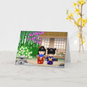 Kokeshi Puppen und Teehaus Karte (Gelbe Blume)