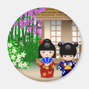 Kokeshi Puppen und Teehaus Magnet