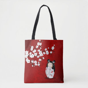 Kokeshi Puppenrot Schwarz und Weiße Kirschblüten Tasche