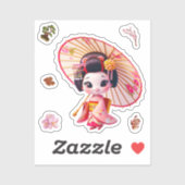 Kokeshi-Puppensticker, Geisha mit Regenschirm Aufkleber (Blatt)