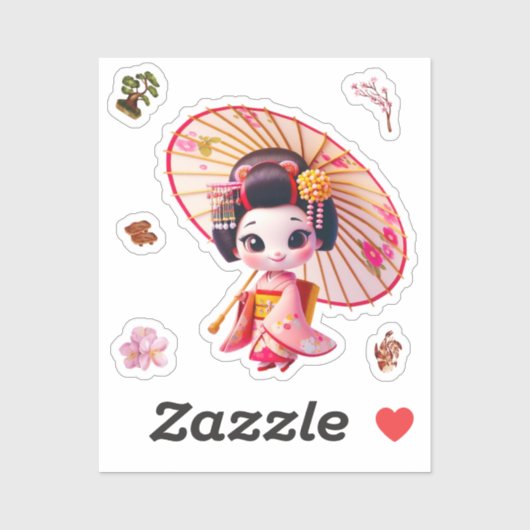 Kokeshi-Puppensticker, Geisha mit Regenschirm Aufkleber (Blatt)