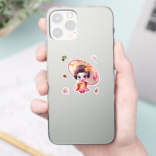 Kokeshi-Puppensticker, Geisha mit Regenschirm Aufkleber (Telefon)