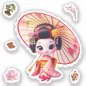 Kokeshi-Puppensticker, Geisha mit Regenschirm Aufkleber (Vorderseite)