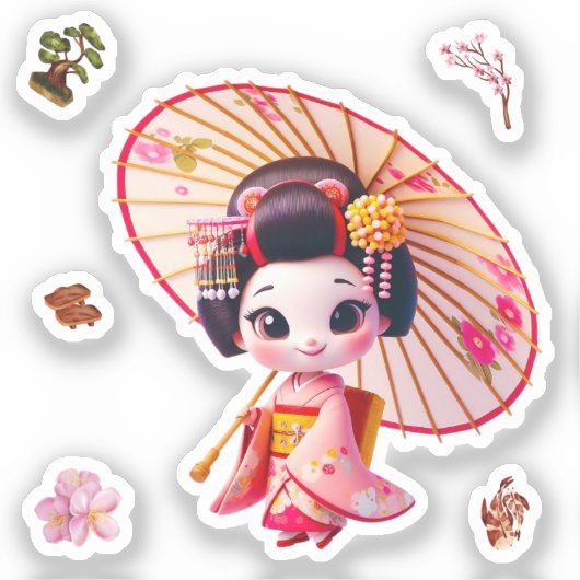 Kokeshi-Puppensticker, Geisha mit Regenschirm Aufkleber (Vorderseite)