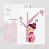Kokeshi Sakura & Cherry Tree Postcard Postkarte (Vorne/Hinten)