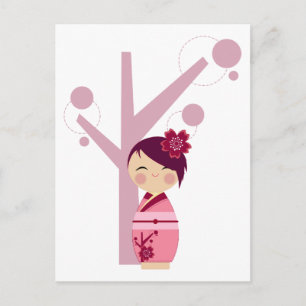 Kokeshi Sakura & Cherry Tree Postcard Postkarte