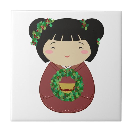 Kokeshi WeihnachtsKranz Fliese (Vorderseite)