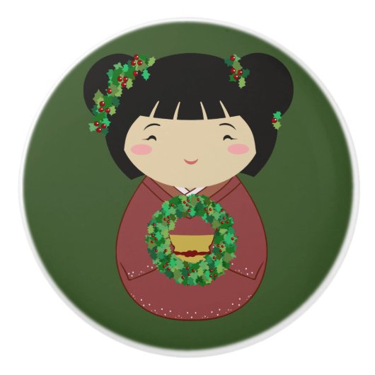Kokeshi WeihnachtsKranz Keramikknauf (Vorderseite)