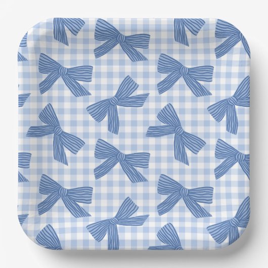 Kokette blaue Gingham und Schleifen Pappteller (Vorderseite)