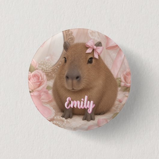 Kokette Capybara rosa Schleife Button (Vorderseite)