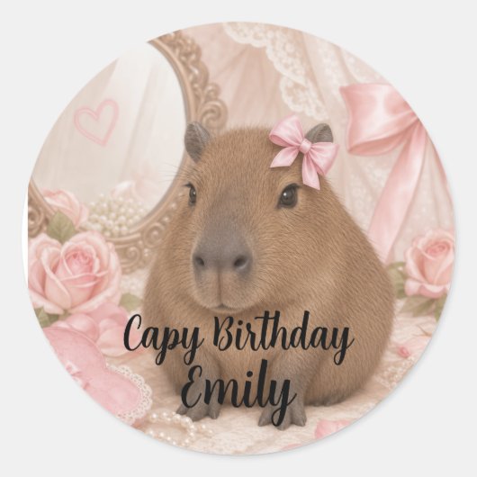 Kokette Capybara rosa Schleife Runder Aufkleber (Vorderseite)