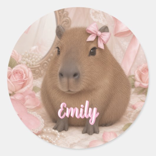 Kokette Capybara rosa Schleife Runder Aufkleber (Vorderseite)